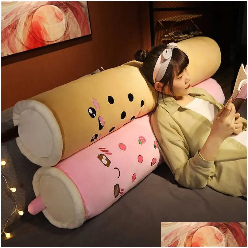 real-life bubble tea plush long pillow toys boba fruit tea cup pillow cylindrical cushion home decor kids gift for kids birthday q0727