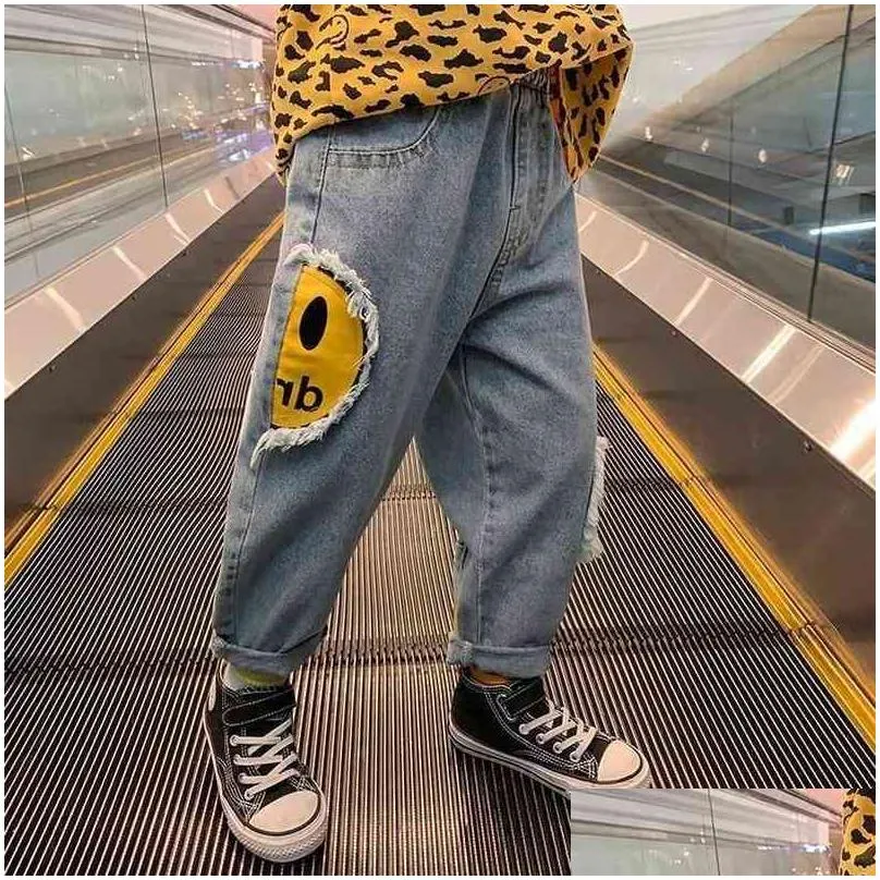 baby boys jean pants kids denim trousers children casual jean yellow face printed cotton trousers 90 to 160 g1220