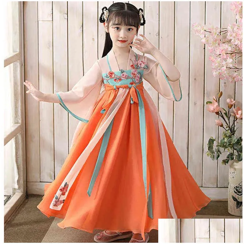11 12 13 14 15yrs children ancient costume hanfu girl summer spring dress fairy tang chinese traditional kids stage folk dress g1218