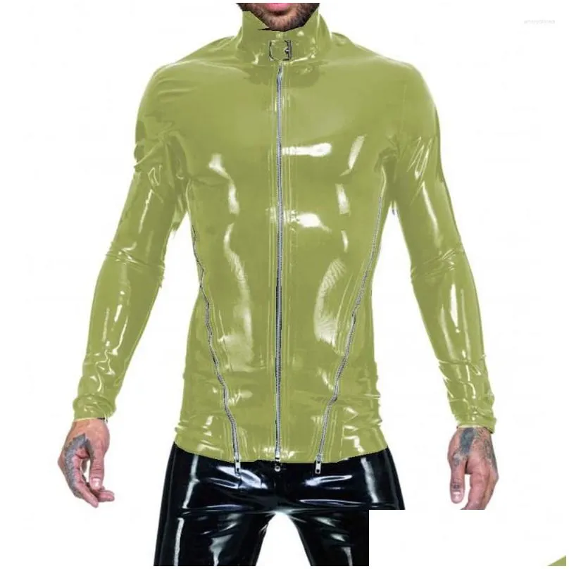 mens jackets wet look mens gay pvc front zipper high neck long sleeve slim fit shirts faux latex jacket club adult fantasy tops party