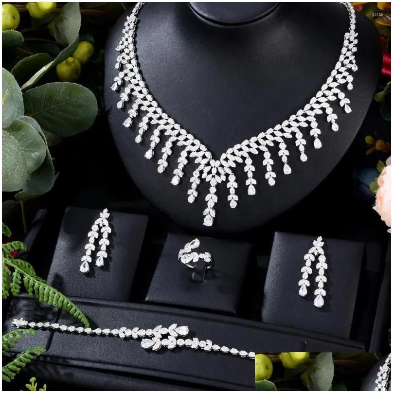 Necklace Earrings Set KellyBola Original Luxury 4PCS Big Bracelet Earring Ring Cubic Zirconia For Woman Wedding Engagement