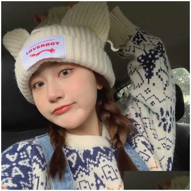 Caps 2022 Winter Skullies Cute Crochet Knitted Costume Beanie Hats Photography Prop Party Women Loverboy Cap Y2212