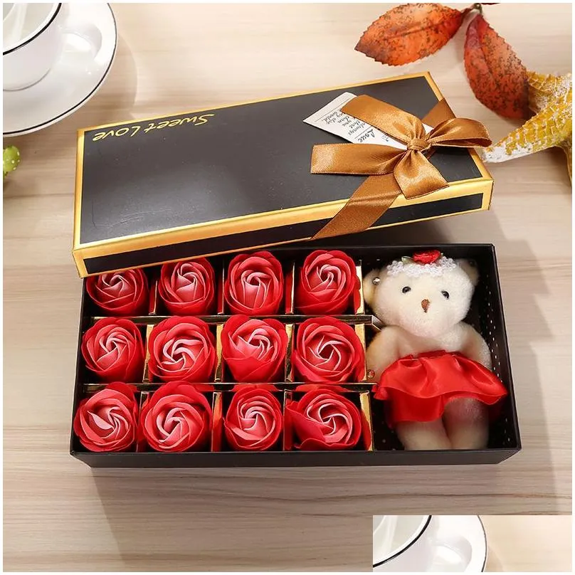 Romantic Rose Soap Flower With Little Cute Bear Doll 12pcs Box Gift For Valentine Day Gift for Wedding Gift or birthday Gifts