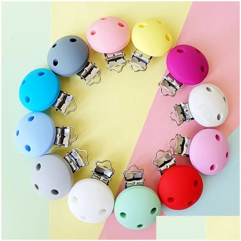 Soothers Teethers 10pcs Round Silicone Pacifier Clips Solid No-Rusty Silicon DIY Baby Chew Dummy Chain Clasps Adapter 231019