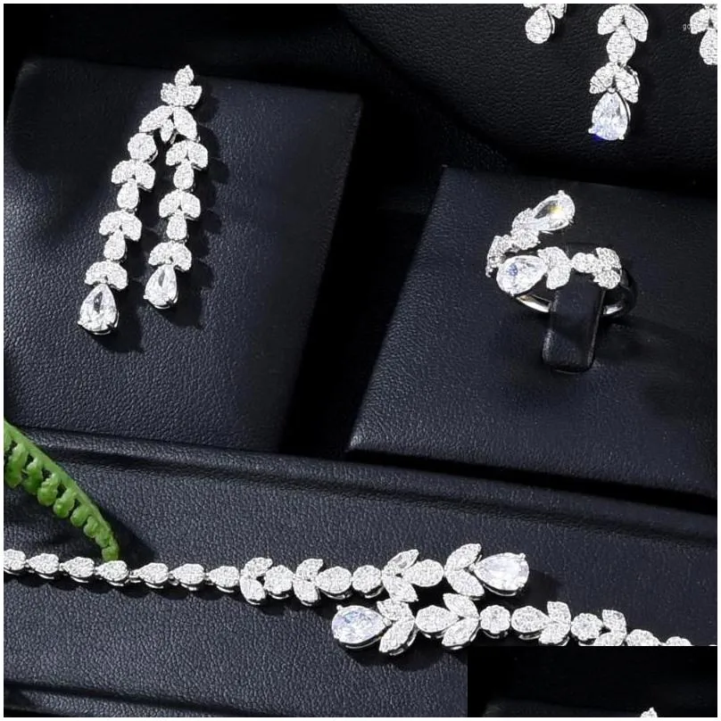 Necklace Earrings Set KellyBola Original Luxury 4PCS Big Bracelet Earring Ring Cubic Zirconia For Woman Wedding Engagement