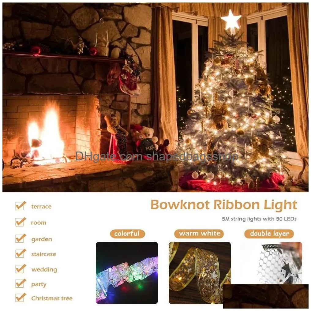 Christmas Decorations New 50 Led 5M Double Layer Fairy Lights Strings Christmas Ribbon Bows With Tree Ornaments Year Navidad Home Fy25 Dh9H6