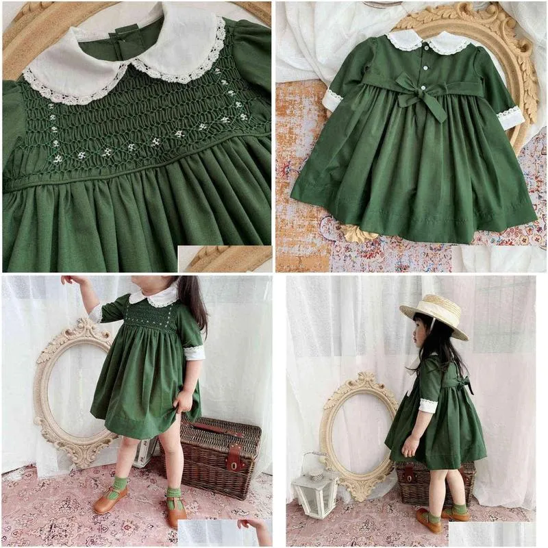 girls hand made smocked cotton dress baby embroidery kids smoking frocks girl smock vintage dress infant boutique clothes g1218