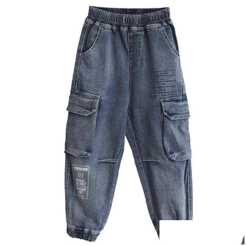 trendy jeans for boys kids autumn childrens clothing soft jeans loose denim pants big pocket cargo pant hip hop boys trousers g1220