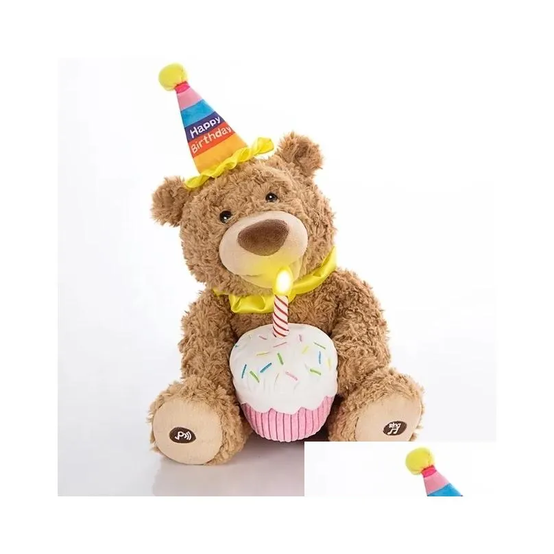 Plush Dolls 37cm Cute Bear Electric Plush Doll Birthday Hat Teddy Bear Sing Interactive Game Home Decor Kid Gift Baby Early Education Toys