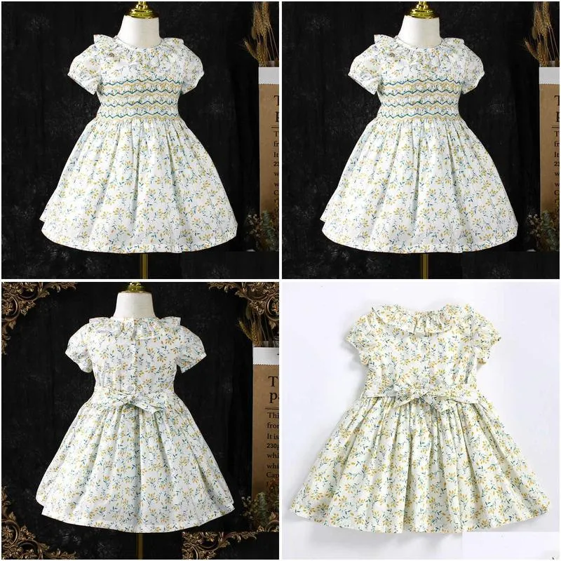 kids girls handmade floral smocked dresses summer 2023 toddler girl flower smock dress for party wedding baby elegant outfit g1218