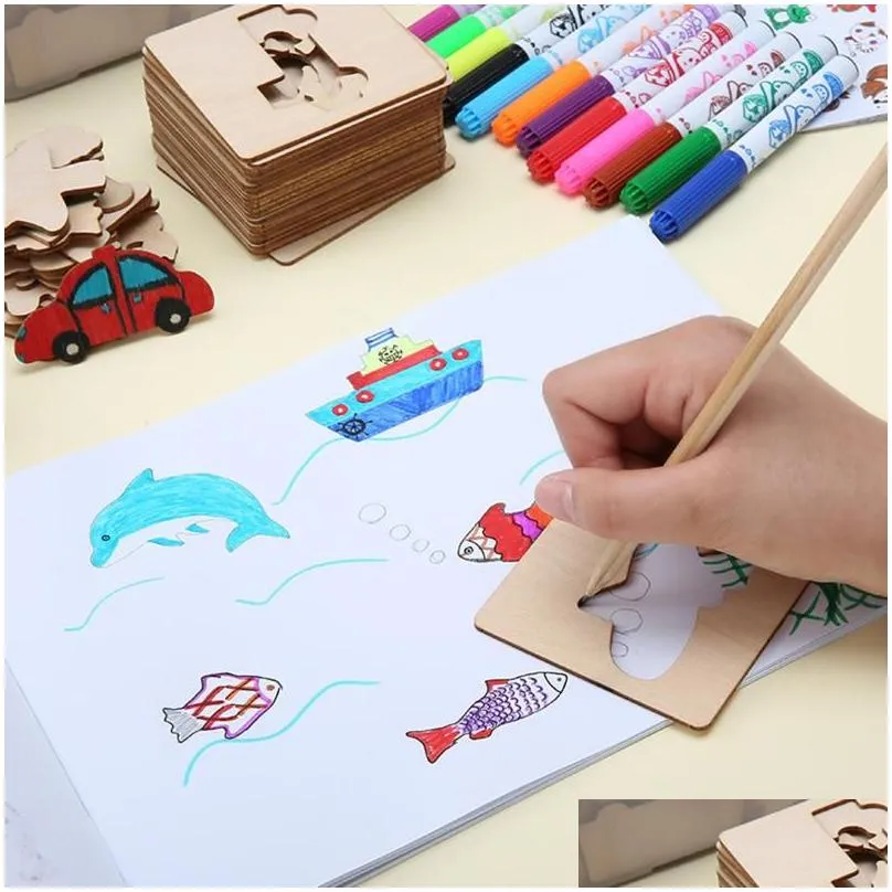 Drawing Stencil Kits Art and Craft Set with Colored Pens Drawing Hollow Model 56 Pieces Educational Toy for Children Ages 3-61