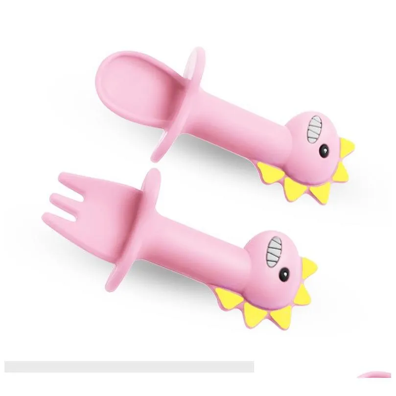 Baby Learning Spoon Fork Set Short Handle Easy Soft Silicone Utensils Teether Toy Feeding Cutlery Dinosaur Tableware