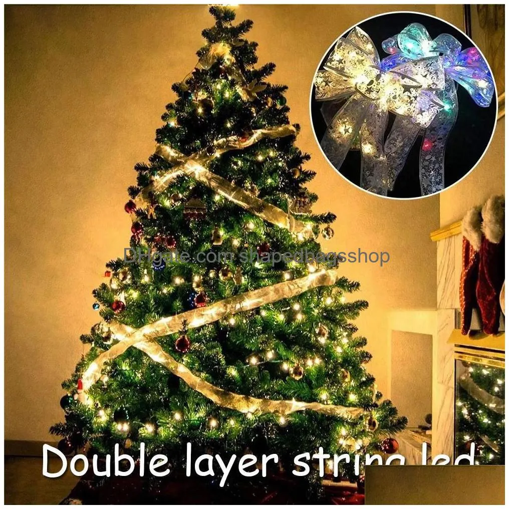 Christmas Decorations New 50 Led 5M Double Layer Fairy Lights Strings Christmas Ribbon Bows With Tree Ornaments Year Navidad Home Fy25 Dh9H6