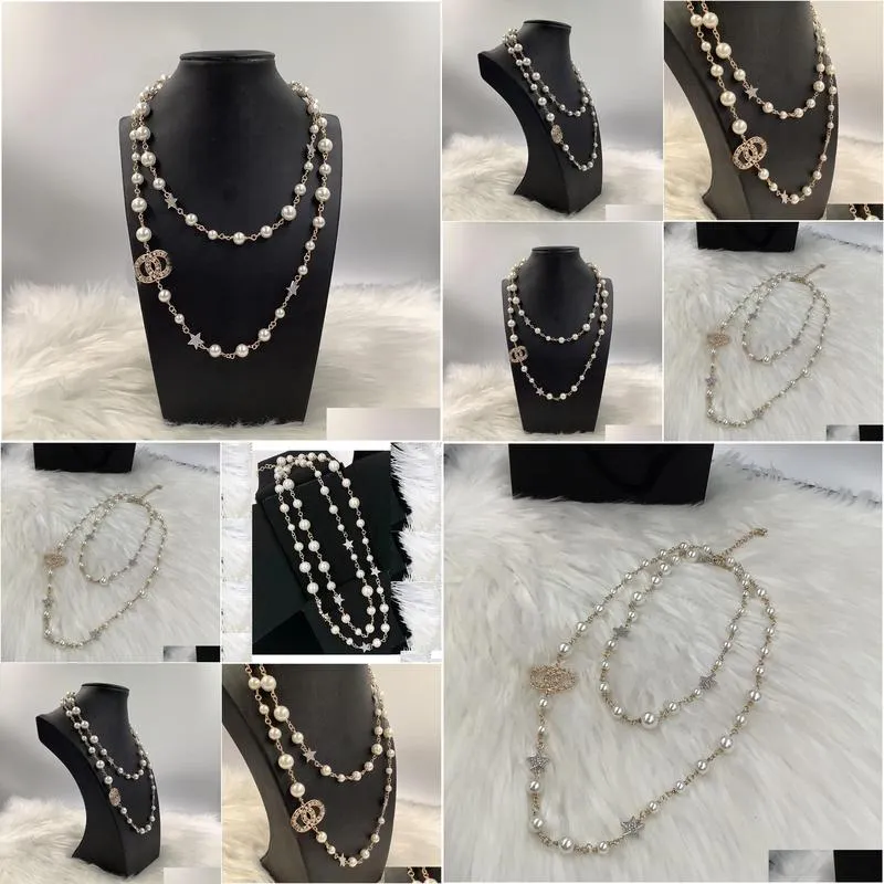 Fashion designer necklace luxury jewelry long pendant sweater necklaces classic style star strings elegant pearl chain double letter layer jewelries women