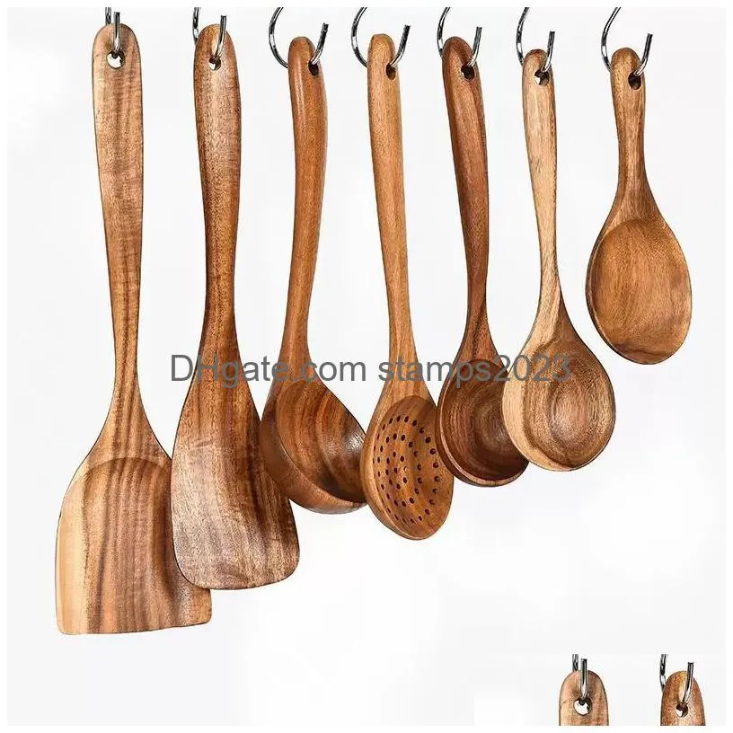 Spoons Teak Wood Tableware Spoon Colander Long Handle Wooden Non-Stick Special Cooking Spata Kitchen Tool Utensils Kitchenware Gift Db Dhfei