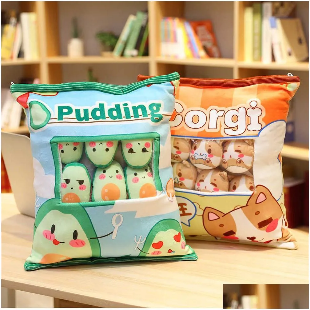 8pcs mini penguin plush toy in a creative pillow stuffed rabbit corgi dog pudding snacks stuffed toy in a cushion throw pillow q0727