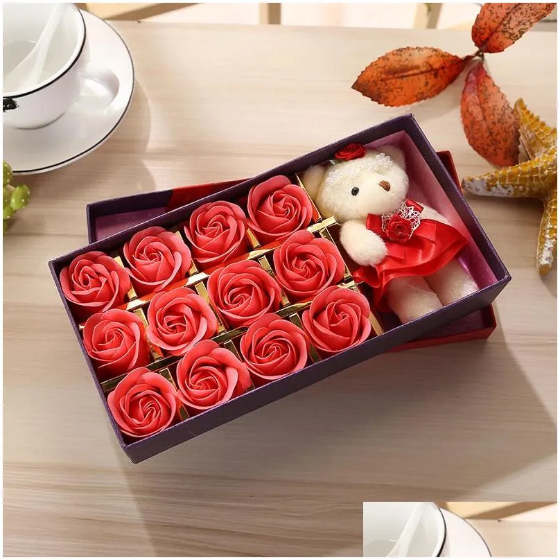 Romantic Rose Soap Flower With Little Cute Bear Doll 12pcs Box Gift For Valentine Day Gift for Wedding Gift or birthday Gifts