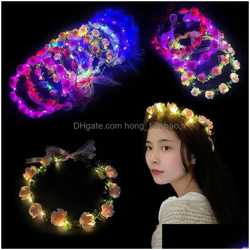 party decoration glowing garland hairband wedding crown flower headband women girls led light up hair wreath luminous headwear for