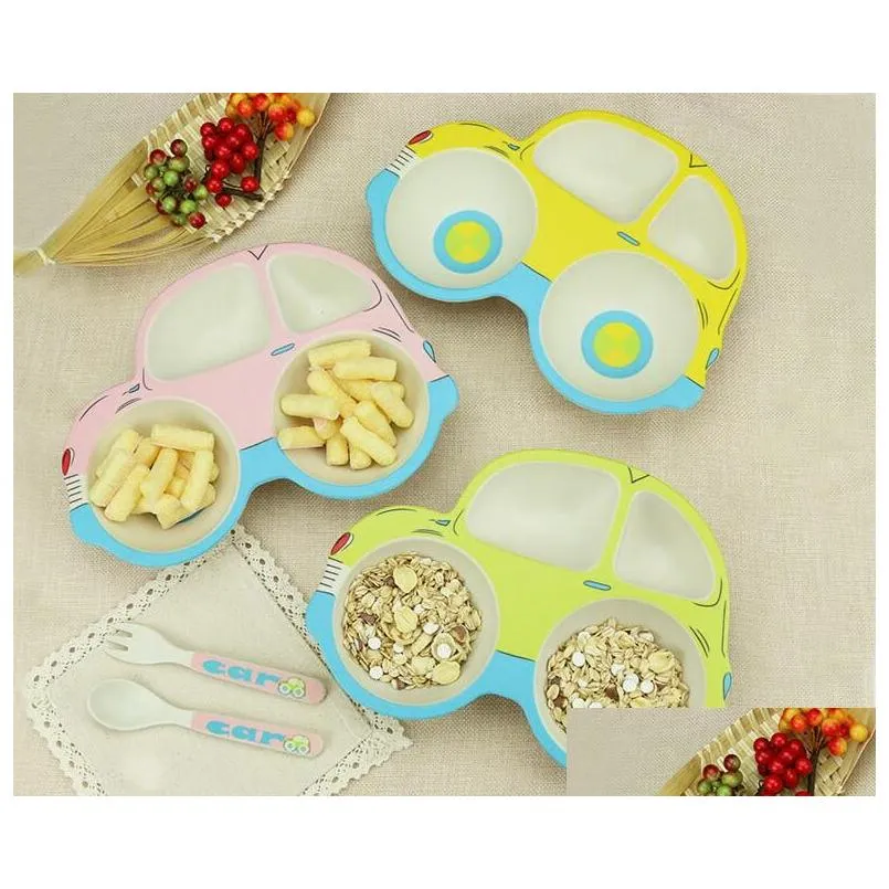 Baby Tableware Bamboo Fiber Infant Feeding Plate Dinnerware Set With Fork Spoon Cute Car Shape Bowl Dishes Food Container