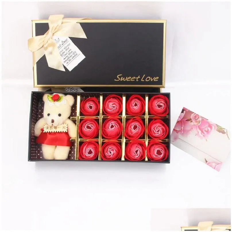 Romantic Rose Soap Flower With Little Cute Bear Doll 12pcs Box Gift For Valentine Day Gift for Wedding Gift or birthday Gifts