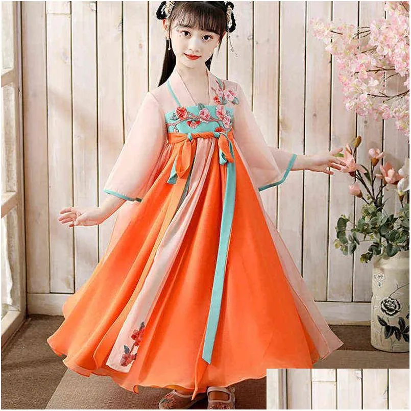 11 12 13 14 15yrs children ancient costume hanfu girl summer spring dress fairy tang chinese traditional kids stage folk dress g1218