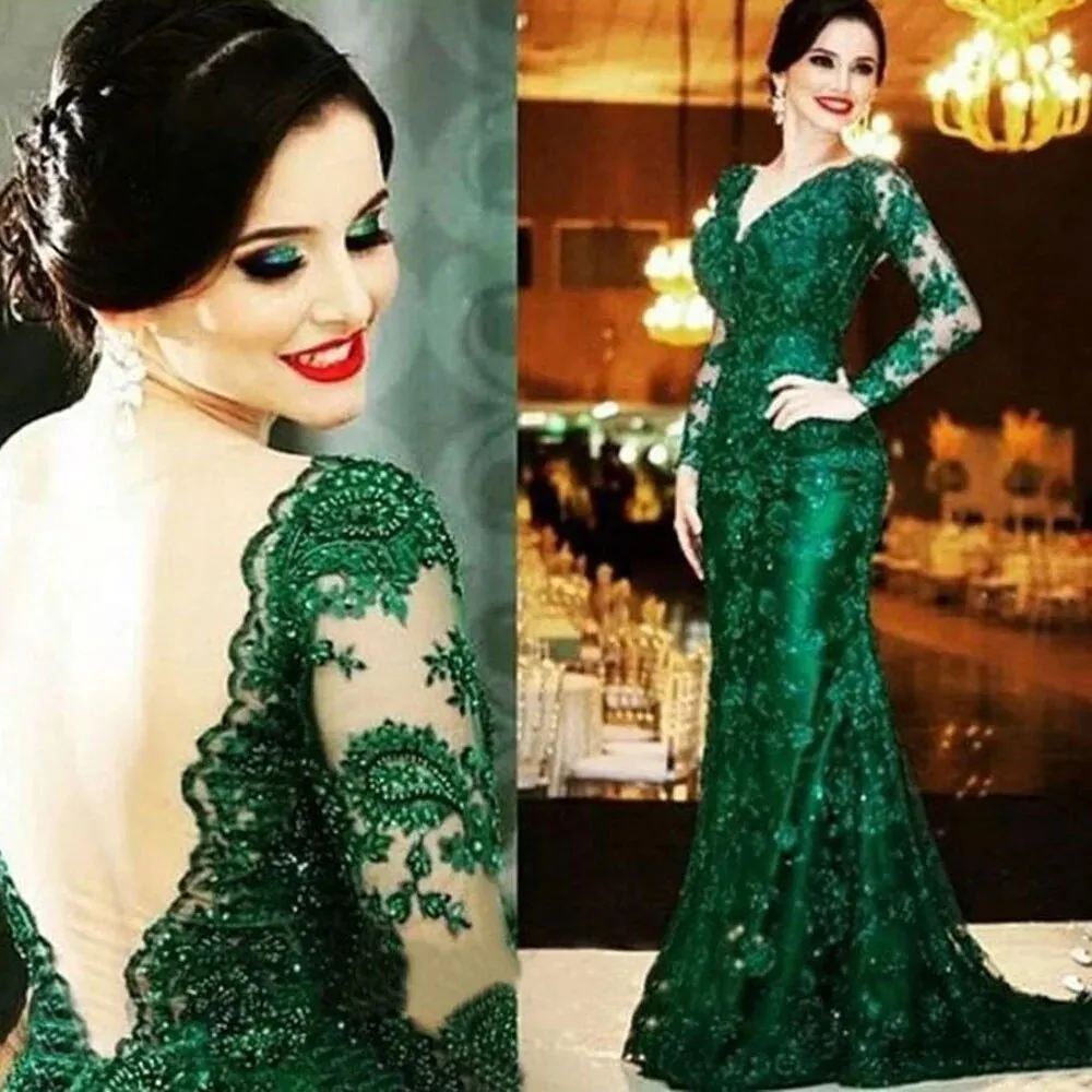 Emerald Green Lace Prom Evening Dress Mermaid Mother of the Bride Dresses Long Sleeve See Through Back Beaded Prom Guest Gowns