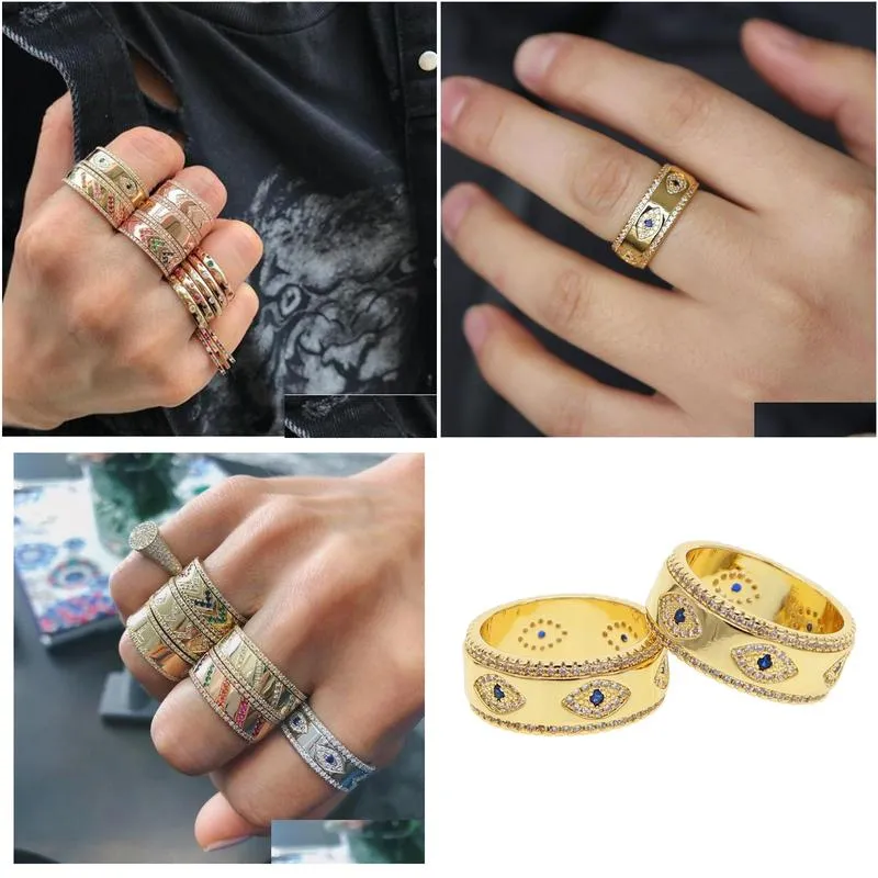 Wholesale Engraved Cz Evil Eye Gold Wide Engagement Band Rings for Lady Women Party Gift Finger Jewelry Classic Antique Ring