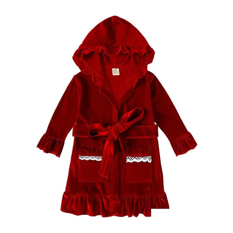 Towels Robes Kids Girls Christmas Pajamas Family Hoody Red Velvet Sleepwear Long Nightgown Pyjama Enfant Fille Boys Clothes Pjs 221025