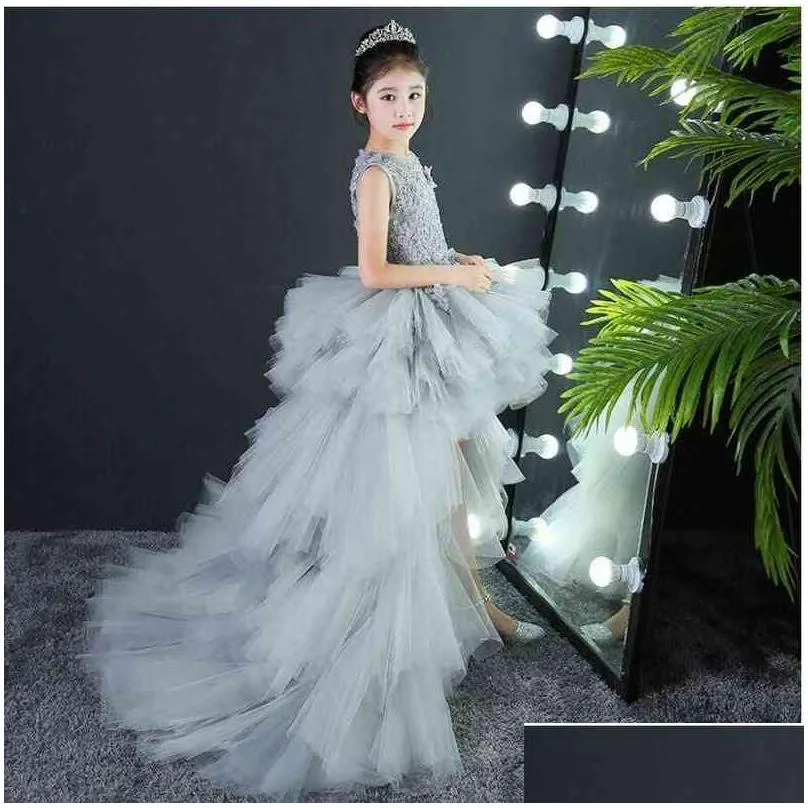 kids dresses girl long trailing prom gray tulle gowns appliques lace children graduation dress teen wedding bridesmaid robe g1218