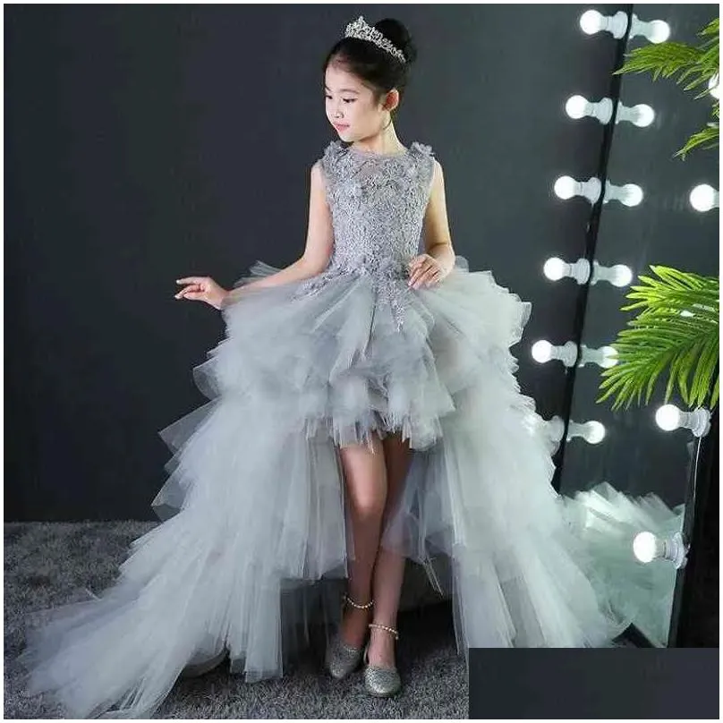 kids dresses girl long trailing prom gray tulle gowns appliques lace children graduation dress teen wedding bridesmaid robe g1218