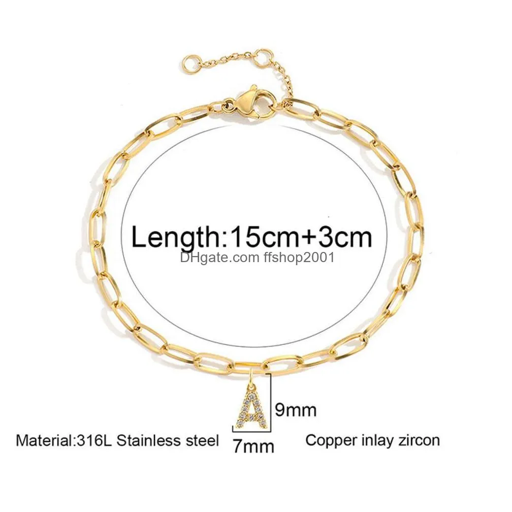 26 a-z english letter charm pendant bracelet iced out cubic zirconia initial letters womens fashion geometric link chain hand jewelry bijoux gifts for