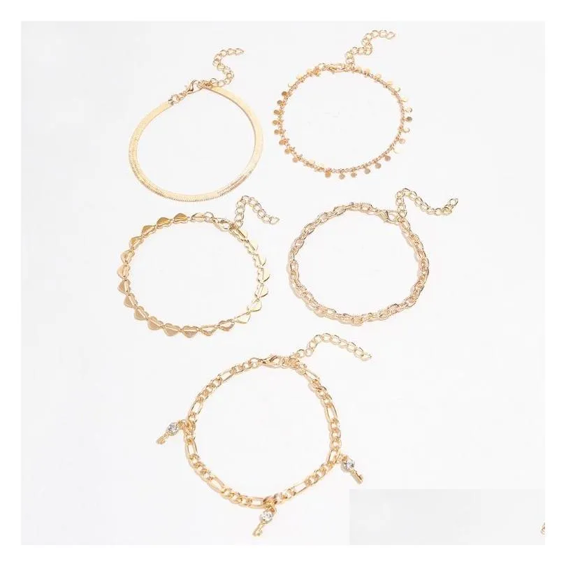 Punk Hollow Love Anklets Disc Snake-shaped Chain With Rhinestones Anklet Key Tassel 5 Pieces Set Of Foot Jewelry