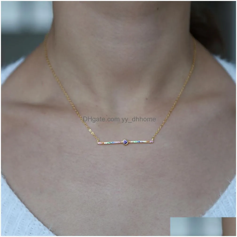 925 sterling silver rainbow cz bar necklace simple minimal design delicate women girl gift gold plated vermeil geometric necklace