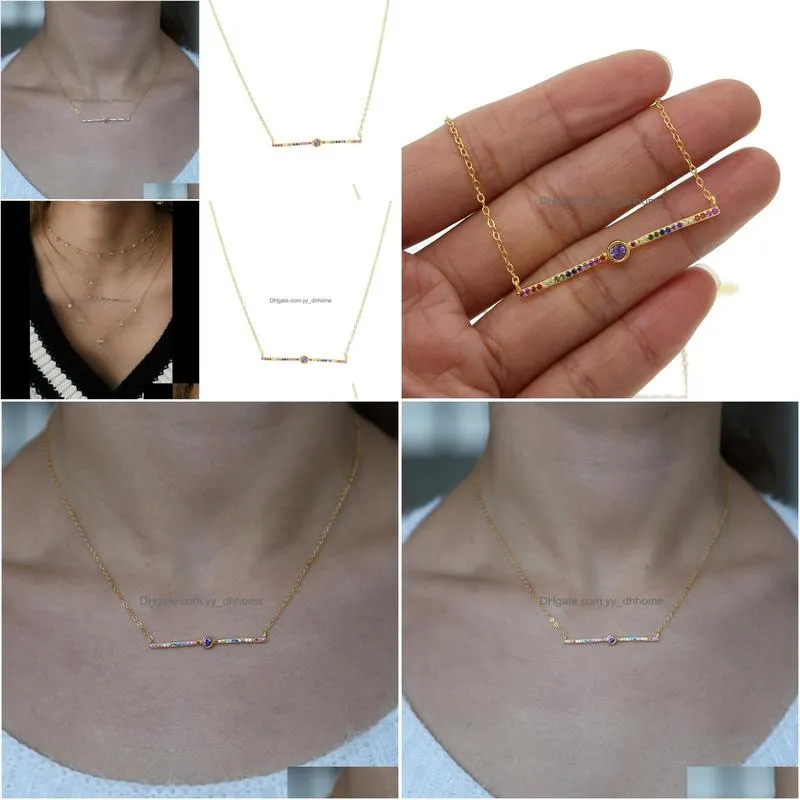 925 sterling silver rainbow cz bar necklace simple minimal design delicate women girl gift gold plated vermeil geometric necklace