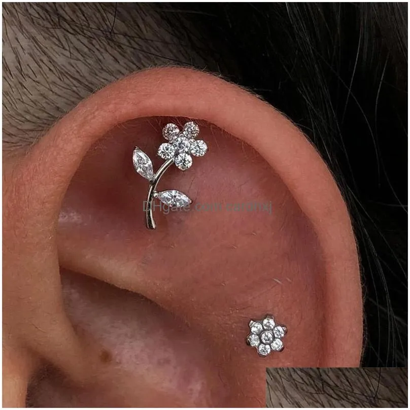 Labret, Lip Piercing Jewelry Labret Lip Piercing Jewelry Astm 36 Ear Pierc Flower Cz Paved Top Studs Cartilage Pattern Earrings Stud 2 Dhlry