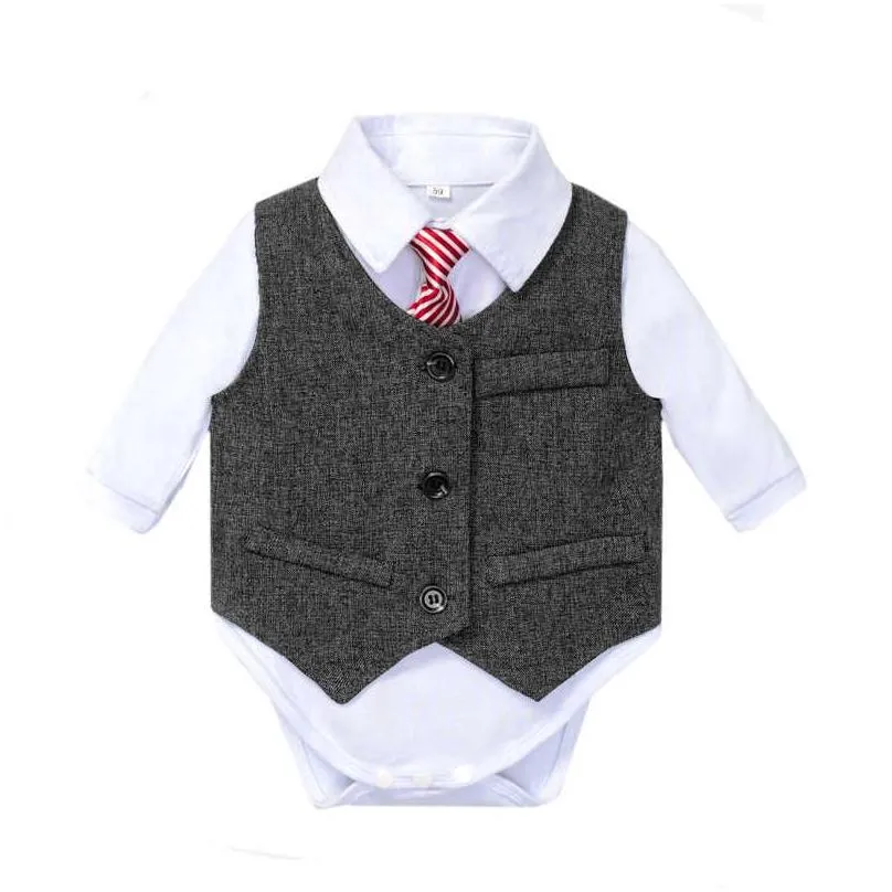 baby clothes vest outfit suit formal boy set tie bow white romper for 9 12 18 24 months party birthday kid gentleman clothes g1023