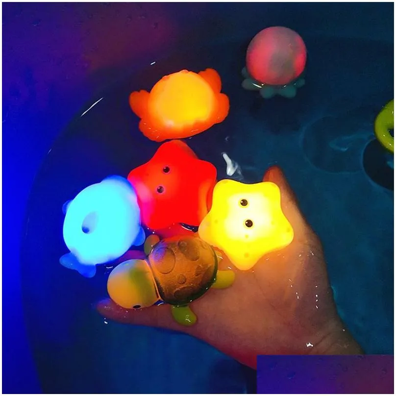 Bath Toys Baby shower toys Cute glowing floating animals Swimming water lights Play fun Bathroom bathtub Fishing net toys Children`s gifts