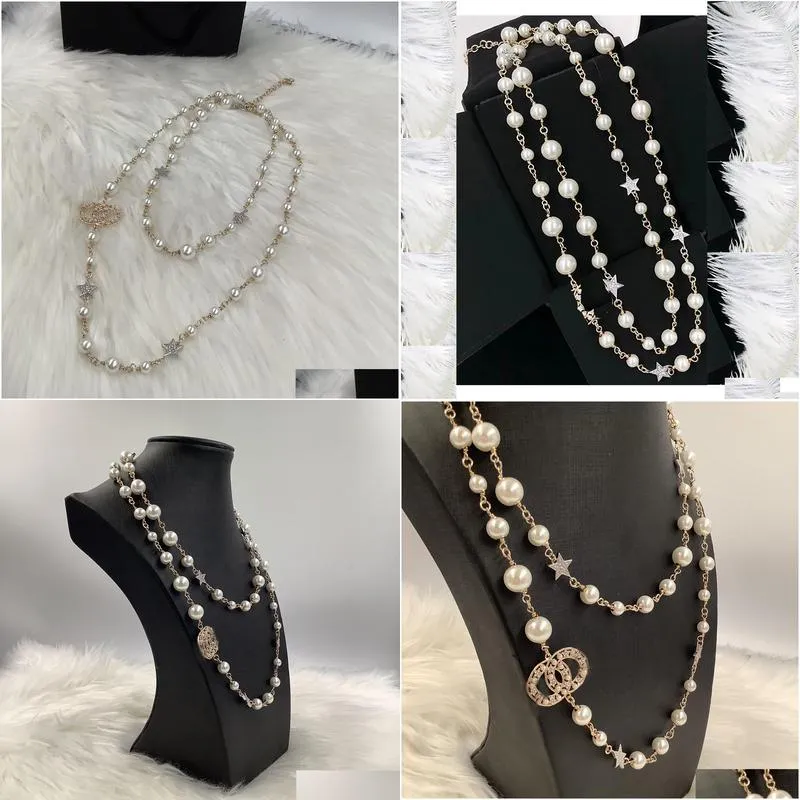 Fashion designer necklace luxury jewelry long pendant sweater necklaces classic style star strings elegant pearl chain double letter layer jewelries women