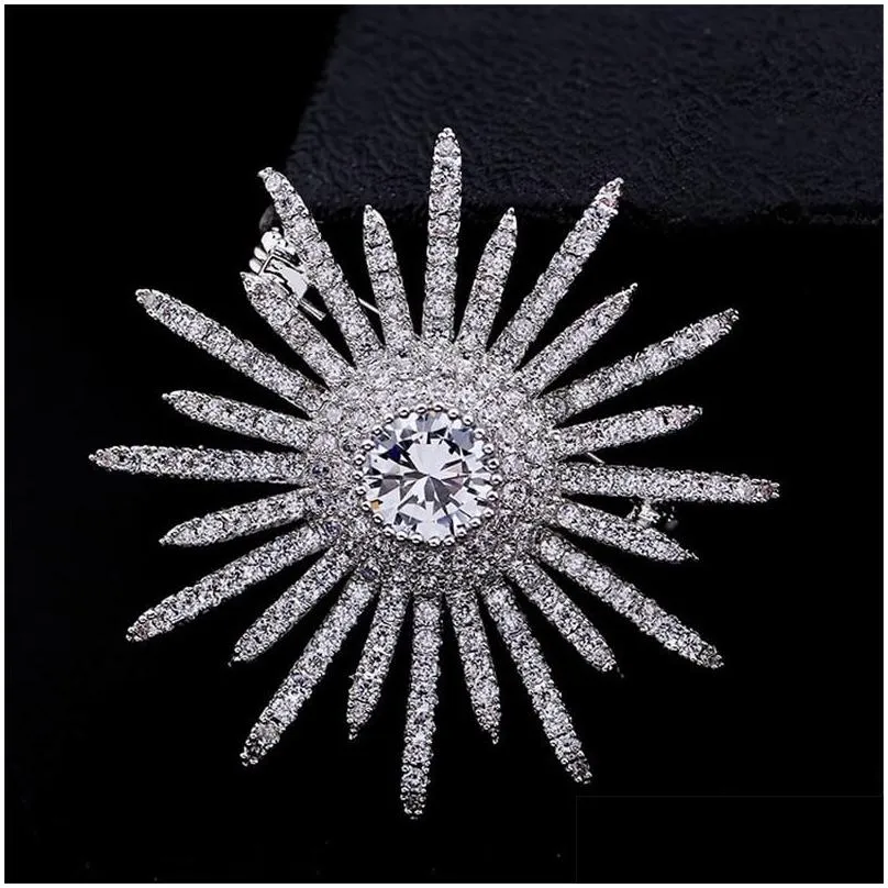 Pins Brooches Large White Cubic Zirconia Sunflower Brooch Pin Luxury Crystal For Women Wedding Jewelry Bling Broach Dress Broches