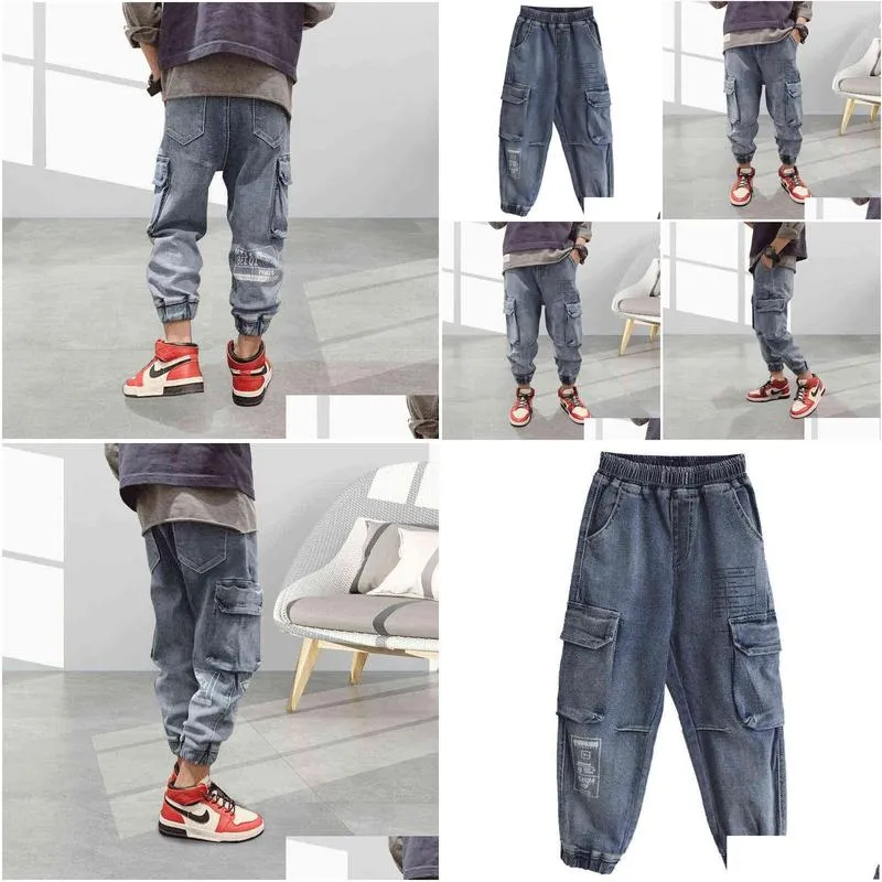 trendy jeans for boys kids autumn childrens clothing soft jeans loose denim pants big pocket cargo pant hip hop boys trousers g1220