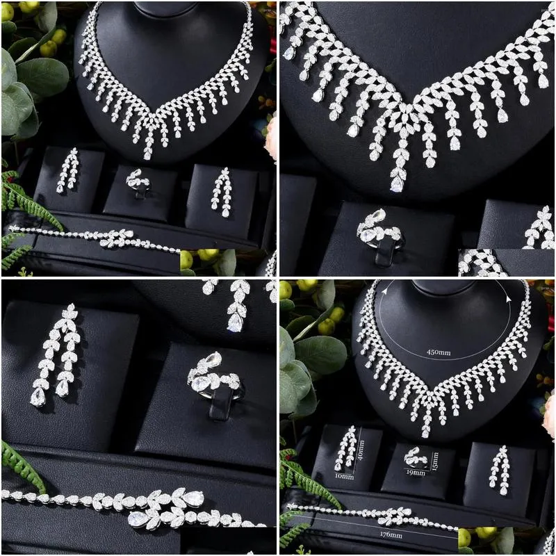 Necklace Earrings Set KellyBola Original Luxury 4PCS Big Bracelet Earring Ring Cubic Zirconia For Woman Wedding Engagement