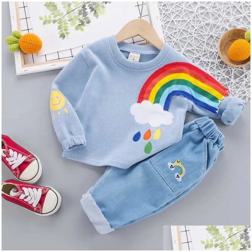 2pcs boys outfits baby boys clothes for kids clothing toddler child embroidered rainbow print casual sports children kid suits x0401