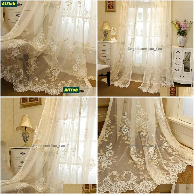 europe luxury pastoral flower tulle curtains living room bottom lace window treatment bedroom decoration sheer voile cortinas 35 curtain 