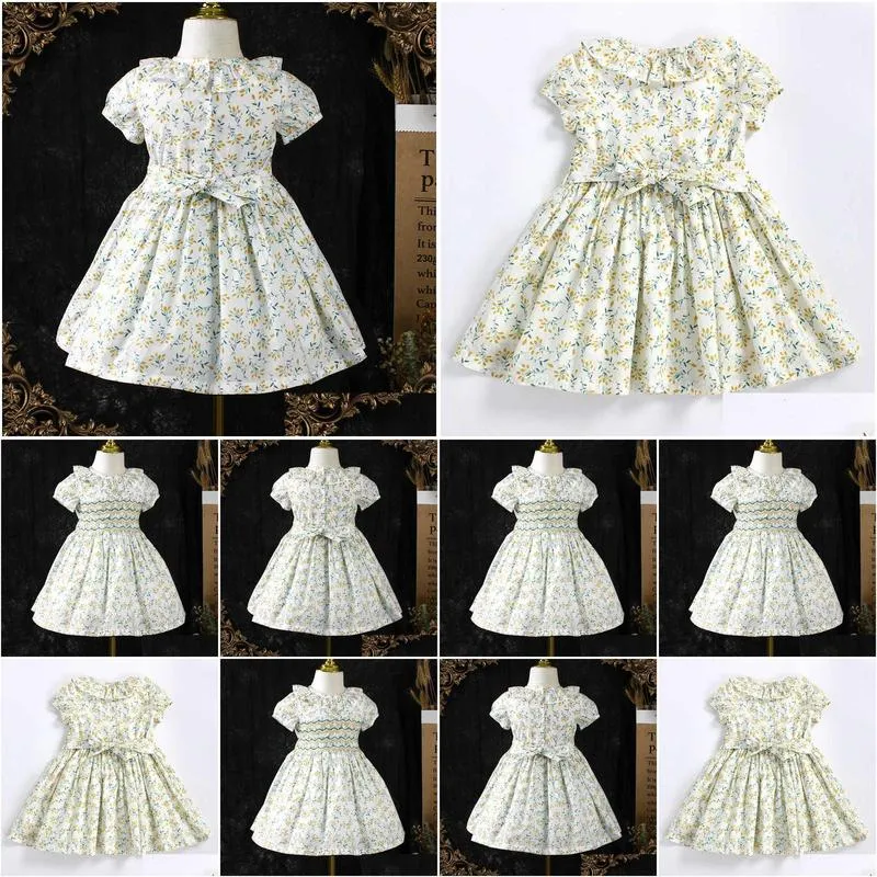 kids girls handmade floral smocked dresses summer 2023 toddler girl flower smock dress for party wedding baby elegant outfit g1218