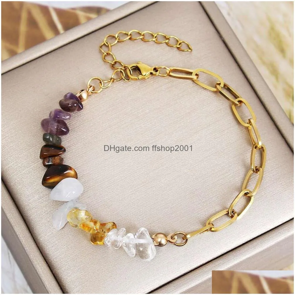 wolf tide 2024 natural purple crystal stone bracelets stainless steel double panel link bracelets bangle for women womens for friends charms