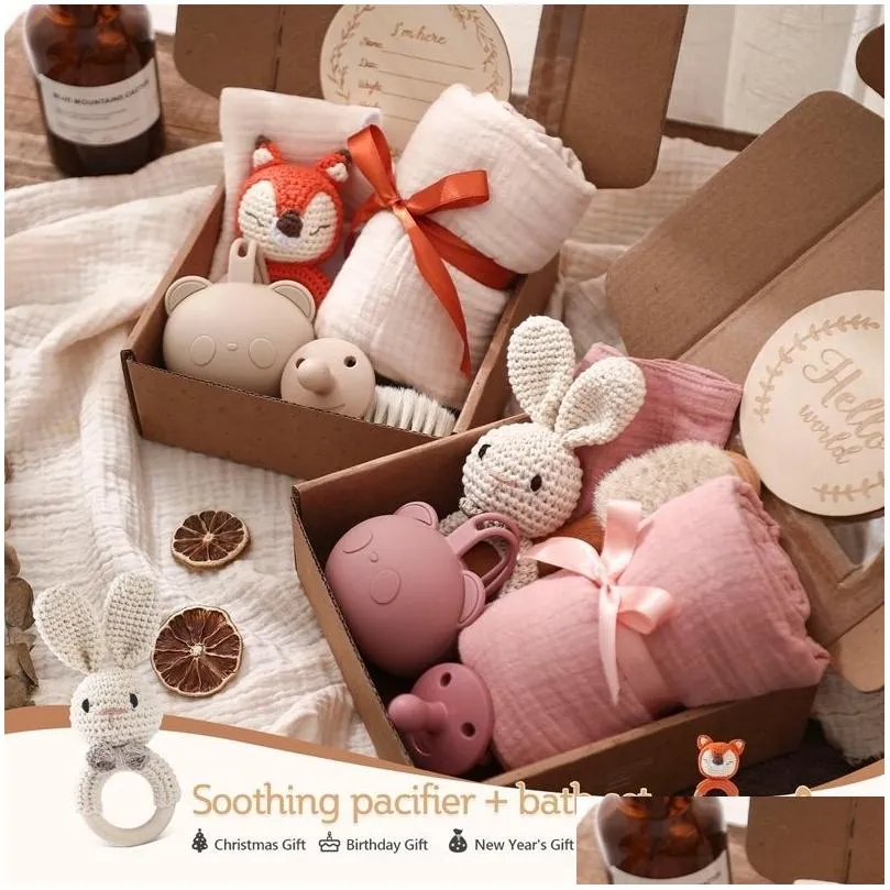 Gift Sets Baby Towel born Bath Toy Set Gift Box Pacifier Pacifier Box Bath Towel Bracelet Crochet Toy Baby Bath Gift Products 230726