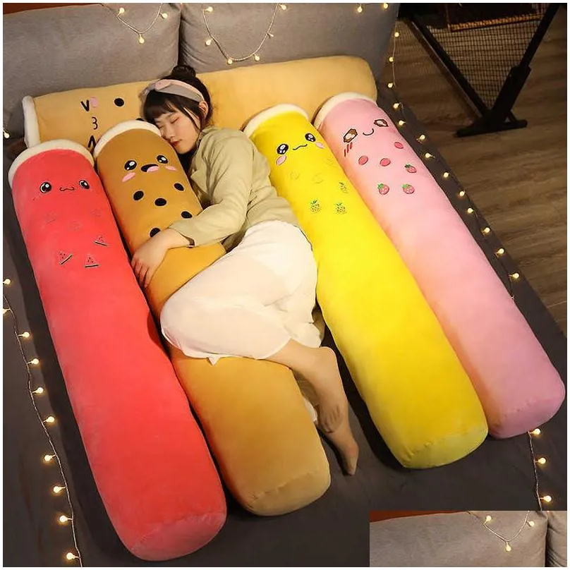 real-life bubble tea plush long pillow toys boba fruit tea cup pillow cylindrical cushion home decor kids gift for kids birthday q0727