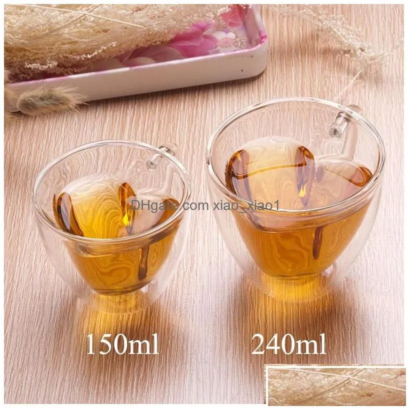 mugs 180ml 240ml double wall glass coffee transparent heart shaped milk tea cups with handle romantic gifts drop delivery home garden