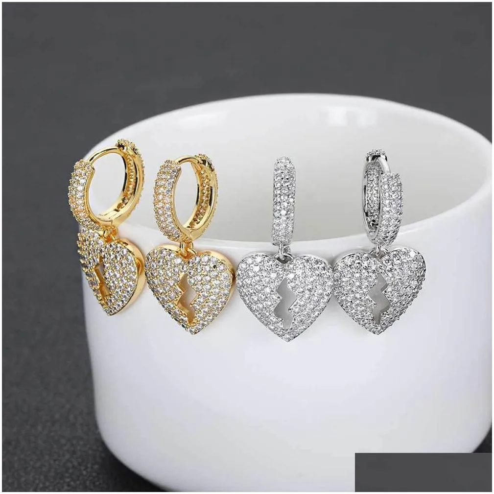Dangle & Chandelier Hip Hop Heartbreak Dangle Earrings Bling White Zircon Hoop 18K Real Gold Plated Jewelry Drop Delivery Jewelry Earr Dh6Ve