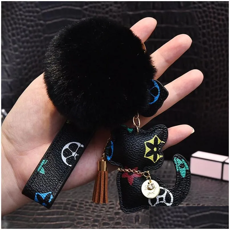 Cat Bear Pompom Key Chain Accessories Fashion Rhinestone Key Ring PU Leather Teddy Car Keychain Buckle Jewelry Bag Charm Animal Keyring
